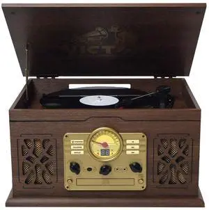 Victor VWRP-3800 State 7-in-1 Turntable Music Center with 3-Speed Record Player, CD/MP3/Cassette Player, FM Radio, Dual Bluetooth In & Out, and Built-in Stereo Speakers  Perfect for Music Enthusiasts