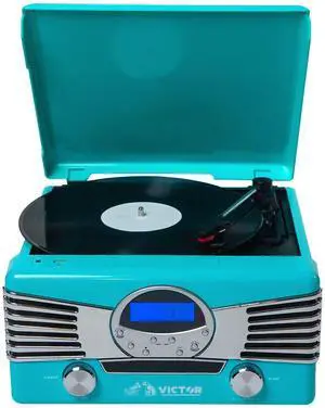 Victor VHRP-1400 Diner 7-in-1 Turntable Music Center with Record Player, CD/MP3 Player, AM/FM Radio, Bluetooth, USB Playback and Recording, and Built-in Stereo Speakers  Perfect for Music Lovers