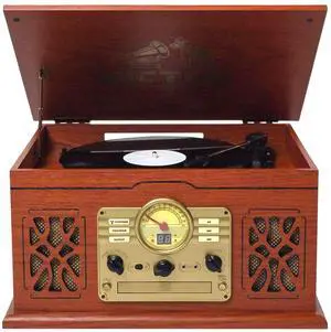 Victor VWRP-3800 State 7-in-1 Turntable Music Center with 3-Speed Record Player, CD/MP3/Cassette Player, FM Radio, Dual Bluetooth In & Out, and Built-in Stereo Speakers  Perfect for Music Enthusiasts