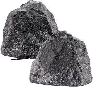 Theater Solutions 2R8G Outdoor Granite 8" Rock 2 Speaker Set for Deck Pool Spa Yard Garden, Granite Grey