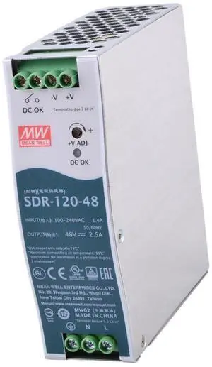 Mean Well SDR-120-48 AC to DC DIN-Rail Power Supply with PFC Function, 48VDC, 2.5A, 120W