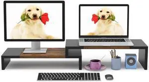 WESTREE Dual Monitor Stand - Riser 2 Shelf Computer with Adjustable Length and Angle, Stands for Monitors, Desktop Organizer PC, Computer, Laptop