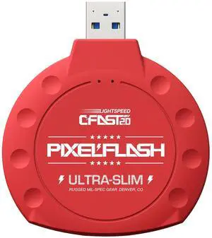PixelFlash CFast 2.0 Card Reader (Red) - Memory Card Adapter with USB 3.0, 500Mb/s File Transfer, Ultra-Slim & Anti-Slip Rubber Shell, Compatible with Most Brands & OS