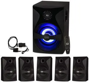 Goldwood Bluetooth 5.1 Surround Sound Home Theater Speaker System with LED Display, FM Tuner, USB/SD Inputs - 6-Piece Set with Remote Control, Black
