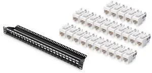 Cable Matters Rack or Wall Mount 24-Port Cat6, Cat 6 Keystone Patch Panel (Blank Patch Panel) & Slim Profile 90 Degree Cat 6 RJ45 Keystone Jack in White