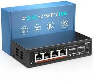 6 Port 2.5G Unmanaged Ethernet Switch, 4 x 2.5G Base-T Ports, 2 x 10G SFP, Compatible with 100/1000/2500Mbps, VLAN, Fanless, Desktop/Wall Mount YuanLey 2.5Gbe Network Switch for Wireless AP, NAS, PC