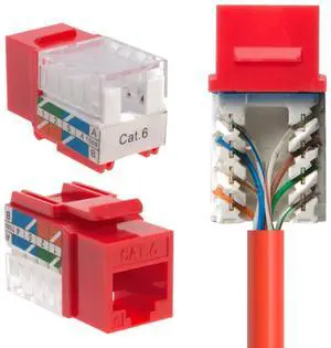 SATMAXIMUM Cat6 Keystone Ethernet Wall Jack Punch Down UTP 45-Degree (Easier Termination Than 90-Degree), RJ45 Slim Profile Speed Termination Red 45° Angled (50 Pack)