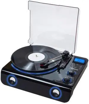 Victor VHRP-1200 Beacon 5-in-1 Turntable System with Record Player, Bluetooth, FM Radio, Built-in Stereo Speakers, USB Playback, and Blue LED Accent Lighting  Digital Music Lovers