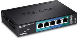 TRENDnet 5-Port Gigabit PoE+ Powered EdgeSmart Switch with PoE Pass Through, TPE-P521ES, 1 x Gigabit PoE+ Input, 2 x Gigabit PoE Output, 2 x Gigabit, 18W PoE Budget, Managed Switch, Wall-Mountable