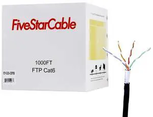 FIVE STAR Cable Cat6 FTP 1000Ft 23AWG Solid Bare Copper Shielded Outdoor Rated 350MHz ETL Listed Bulk Ethernet Router LAN Cable Black (1000Ft, Cat6 FTP)