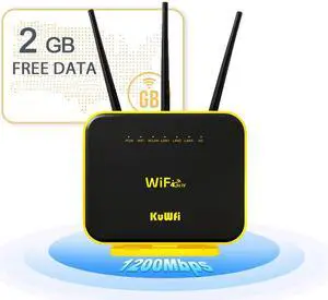 KuWFi Hotspot 4G LTE No SIM Card Router 1200Mbps Dual Band Gigabit WiFi External Antenna with US 2GB Data vSIM Router Offer high-Speed Data Plans to accommodate RV orRural No Contract Plug and Play
