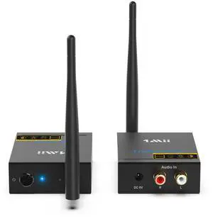 1Mii 2.4Ghz Wireless Audio Transmitter Receiver for TV, 320ft Long Range 20ms Low Delay HiFi Audio, Wireless Adapter Kit for Subwoofer/Powered Speaker/Stereo/Soundbar, RCA(3.5mm AUX) Out/Input