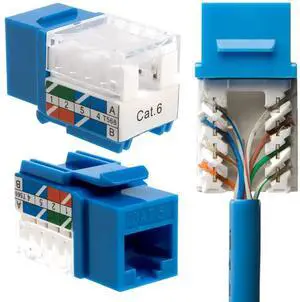 SATMAXIMUM Cat6 Keystone Ethernet Wall Jack Punch Down UTP 45-Degree (Easier Termination Than 90-Degree), RJ45 Slim Profile Speed Termination Blue 45° Angled (50 Pack)