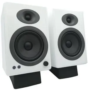 Audioengine A5 White 150W Powered Bookshelf Speakers and DS2 Stands with Remote