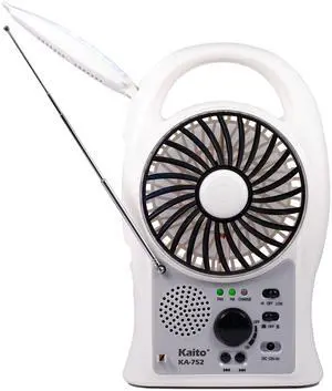 Kaito Portable Electric Fan 3-in-1 KA752 Rechargeable 5" 2-Speed Battery-Powered Personal Fan with Scan FM Radio & 24-LED Camping Lantern