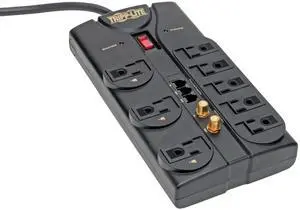 Tripp Lite 8 Outlet Surge Protector Power Strip, 8ft Cord, Right-Angle Plug, Tel/Fax/Modem/Coax Protection, RJ11, (TLP808TELTV)