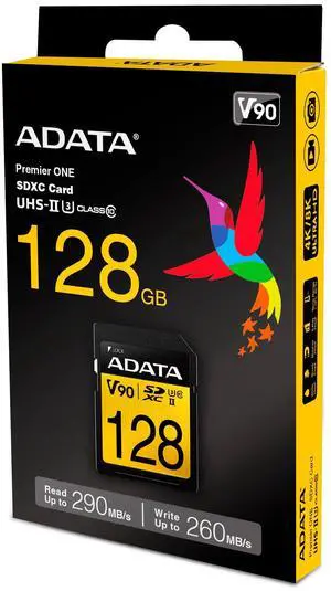 ADATA Premier ONE 128GB SDXC UHS-II U3 Class10 V90 3D NAND 4K 8K Ultra HD 290MB/s SD Card (ASDX128GUII3CL10-C)