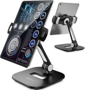 AboveTEK Aluminum iPad Stand, Foldable 360 Swivel Tablet Stand for Kitchen, Bedside, Office, POS, Showroom, Reception, Black