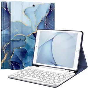 FINTIE Keyboard Case for iPad 9th / 8th / 7th Generation (2021/2020/2019) 10.2 Inch, Soft TPU Back Stand Cover with Pencil Holder, Magnetically Detachable Bluetooth Keyboard, Ocean Marble