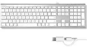 Macally USB C Keyboard (Upgraded) - Dual USB A + C Plug - Wired Keyboard for Mac - Ultra Slim, 20 Shortcuts, 110 Scissor Keys - for MacBook Pro/Air, Mac Mini, iMac, iPad - Silver