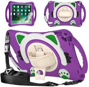 KIQ Cat Shield Case for iPad 10.2 9th 8th 7th Gen Heavy Duty Rugged Protection Cute Kid Friendly Kick Stand Shoulder Strap for Apple iPad 10.2 inch Model/Pro 10.5/Air 10.5 [ Cat Shield-Purple]