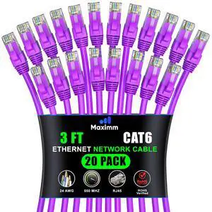 Maximm Cat 6 Ethernet Cable 3 ft (20-Pack) - High-Speed LAN Cable, Internet Cable, Patch Cable, and Network Cable - UTP, 10Gbps, 550MHz Ethernet Cord - Purple