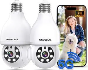 WESECUU Light Bulb Security Camera, 2.4G/5G WiFi Security Cameras Wireless Outdoor,Bulb Camera for Home Security, 2-Way Talk, Human Detection, Color Night Vision, Compatible with Alexa (Two Pack)