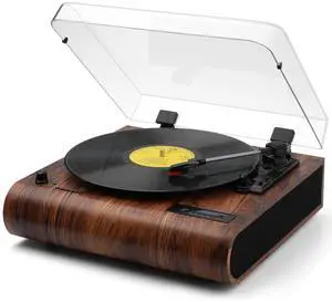 VOSTERIO Bluetooth Record Player, 3 Speed Turntable with Built-in Speakers, Retro LP Vinyl Player with BT Input & Output, FM Radio, USB & SD Card Recording, Aux in, LED Display