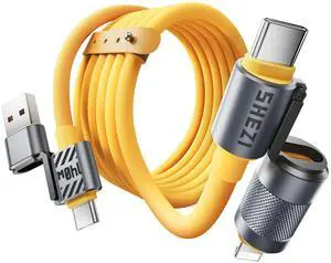 Vexipia 4 in 1 USB C Cable Lightning Cable,140W Fast Charging & Data Transfer,iPhone iPad Charger Cord with Lightning/Type C/USB A for iPhone 16/15/Macbook,IPad,5FT Yellow [SHEZI Series]