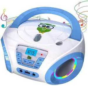 TinyGeeks Tunes Kids Boombox CD Player for Kids - NEW 2023 - FM Radio - Batteries Included - Cute white Radio cd Player with Speakers for Kids and Toddlers - Blue
