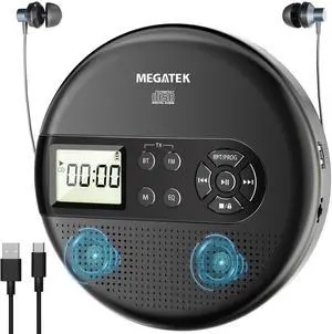 MEGATEK Portable CD Player with Dual Stereo Speakers and 60 Seconds Anti Skip, Personal Walkman CD Player for Car with Headphones, USB Port, Bluetooth and FM Transmitter, 2000mAh Rechargeable Battery
