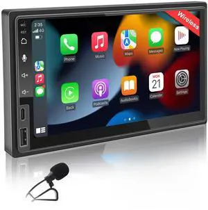7 Inch Double Din Car Stereo with Wireless CarPlay & Wireless Android Auto, Touchscreen Car Radio with Bluetooth, USB/SWC/AUX/FM
