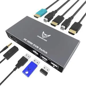 DiamondTiger 8K HDMI KVM Switch 2 Port - Support Ultra HD 8K(7680 * 4320)@60Hz,4K@60Hz/120Hz/144Hz, 3 USB Selecter for 2 Computers Share Keyboard Mouse Printer,1 HDMI 2.1&2 USB Cable Included
