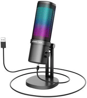 ANSTEN Gaming Mic, USB Condenser Microphone for PC/PS4/PS5/ Mac, RGB, Mute Touch, Pop Filter, Gain Knob, Monitoring for Streaming Podcast