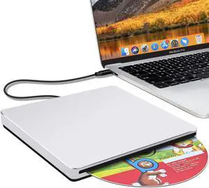 NOLYTH External CD DVD Drive: Plug & Play for Laptop Mac MacBook PC Windows - Portable High-Transfer USB C Burner for Music/Movie/Data Backup - Slot-in Aluminum with USB 3.0 Adapter(Silver)
