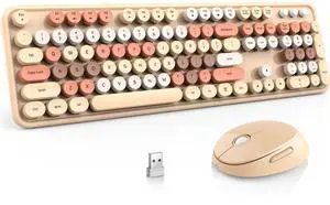 Wireless Keyboard and Mouse Combo, MOFII Full-Size Retro Round Keyboard and Mouse, 2.4 GHz Wireless, Plug and Play, 8 Multimedia & Shortcut Keysfor Mac, Windows, Laptop/Desktop/PC (Creamy)