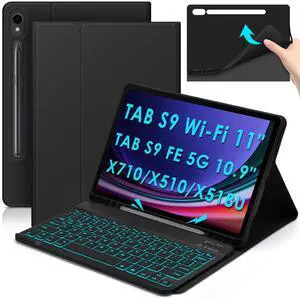 DETUOSI Backlit Keyboard Case for Samsung Galaxy Tab S9 11"/ S9 FE 10.9" (Wi-Fi/ 5G LTE) 2023 Android Tablet with S Pen Holder | Soft TPU Back Cover | Magnetic Closure | Wireless Detachable Keyboard