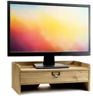 Excello Global Products Wooden Monitor Stand: Includes Drawer for Desktop Organization of Notebooks, Pens, Pencils & Office Supplies (Brown)
