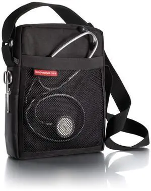 Innovative Care  iPad, Tablet & Accessories Organizer/Carrying Case/Messenger Bag with Zipper, Padded & Mesh Pockets & Crossbody Shoulder Strap for Nurses, Doctors, Medical Students, Black