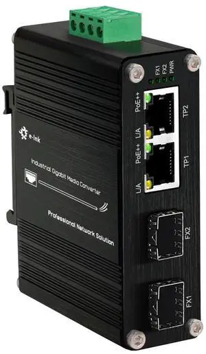 Mini Industrial Gigabit PoE Media Converter - Din Rail Mount Hardened 10/100/1000Mbps Ethernet to SFP Fiber Converter IEEE 802.3bt 90W PoE++ Fiber Switch with 2 RJ45 Ports and 2 SFP Ports
