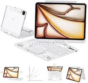 Transparent Case with Keyboard for iPad 11th Gen 11 Inch.(A16, 2025) & 2022 iPad 10th Gen 10.9 Inch,7-Color Backlit,Wireless Keyboard, 360°Rotating,with trackpad,Pencil Holder,with Shortcuts,White