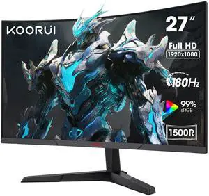 KOORUI Curved 27 Inch Gaming Monitor, Full HD 1080p R1500 180Hz VA Computer Monitor, 99% sRGB, Built-in Adaptive Sync, 1 x Display Port 1.2 & 2 x HDMI 2.0, Eye Care, VESA Compatible, Black 27E6CA