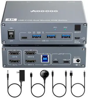 USB C KVM Switch 4K@60Hz,Dual Monitor USB C HDMI KVM Switch for 1 PC and 1 Laptop Sharing 2 Monitor and 4 USB3.0 Devices, PD Power for Laptop with Wired Remote Control and USB Cables Included