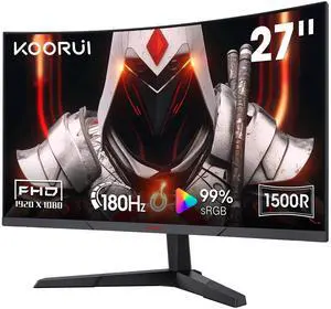 KOORUI Curved 27 Inch Gaming Monitor, Full HD 1080p R1500 180Hz VA Computer Monitor, 99% sRGB, Built-in Adaptive Sync, 1 x Display Port 1.2 & 2 x HDMI 2.0, Eye Care, VESA Compatible, Black 27E6CA