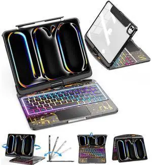TSQQST Clear Wireless Keyboard Case for iPad Pro 11 Inch (M4) 2024 with Pencil Holder & Multi-Touch Trackpad, Visible PCB, 3-Brightness & 7-Color Backlight, 360 Rotatable, Black