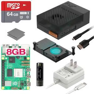 Argon Poly+5 Raspberry Pi 5 Starter Kit | Raspberry Pi 5 Kit/Pi 5 Board/Pi 5 Case / 27W Pi 5 Power Supply/Pi 5 Active Cooler / 64GB SD Card / 2 Micro HDMI Cable (Black, 8GB)