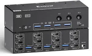 2 Displayport HDMI KVM Switch 3 Monitors 3 Computer, 8K@60Hz 4K@144Hz Triple Monitor KVM Switch for 3 PC Sharing 3 Screens, 4 USB 3.0 Ports Wired Remote Control & Power Adapter Included