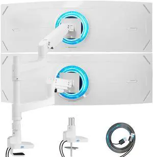 ARES WING Dual Monitor Arm for Ultrawide Heavy Duty Curved Monitor Stacking, Fits 17-49 Inch, Vertical Gas Spring Double Monitor Mount with USB, Adjustable Dual Monitor Mount for Desk, White