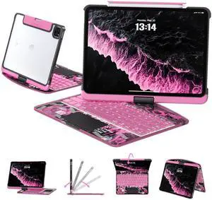 Tiaota Transparent Case with Keyboard for iPad Air 13 Inch (M3/M2, 2025/2024), iPad Pro 12.9 Inch (6/5/4/3 Gen),7-Color Backlit,Magic Wireless Keyboard, 360°Rotating,with trackpad,Pencil Holder,Pink