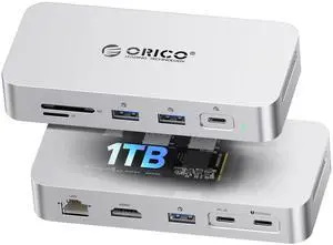 ORICO 1 TB External SSD Docking Station, SSD Expansion + Hub Extension, Up to1000MB/s, 10-in-1 USB C HUB with Internal SSD, Support 4K@60Hz HDMI Display, 100W PD, Ethernet, SD/TF, Mac Mini - SJ10